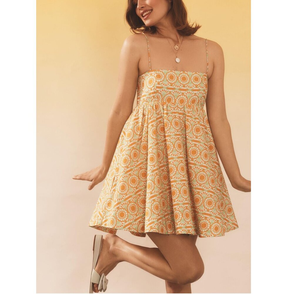 Anthropologie Maeve Square-Neck Babydoll Mini Dress Orange Pattern XL